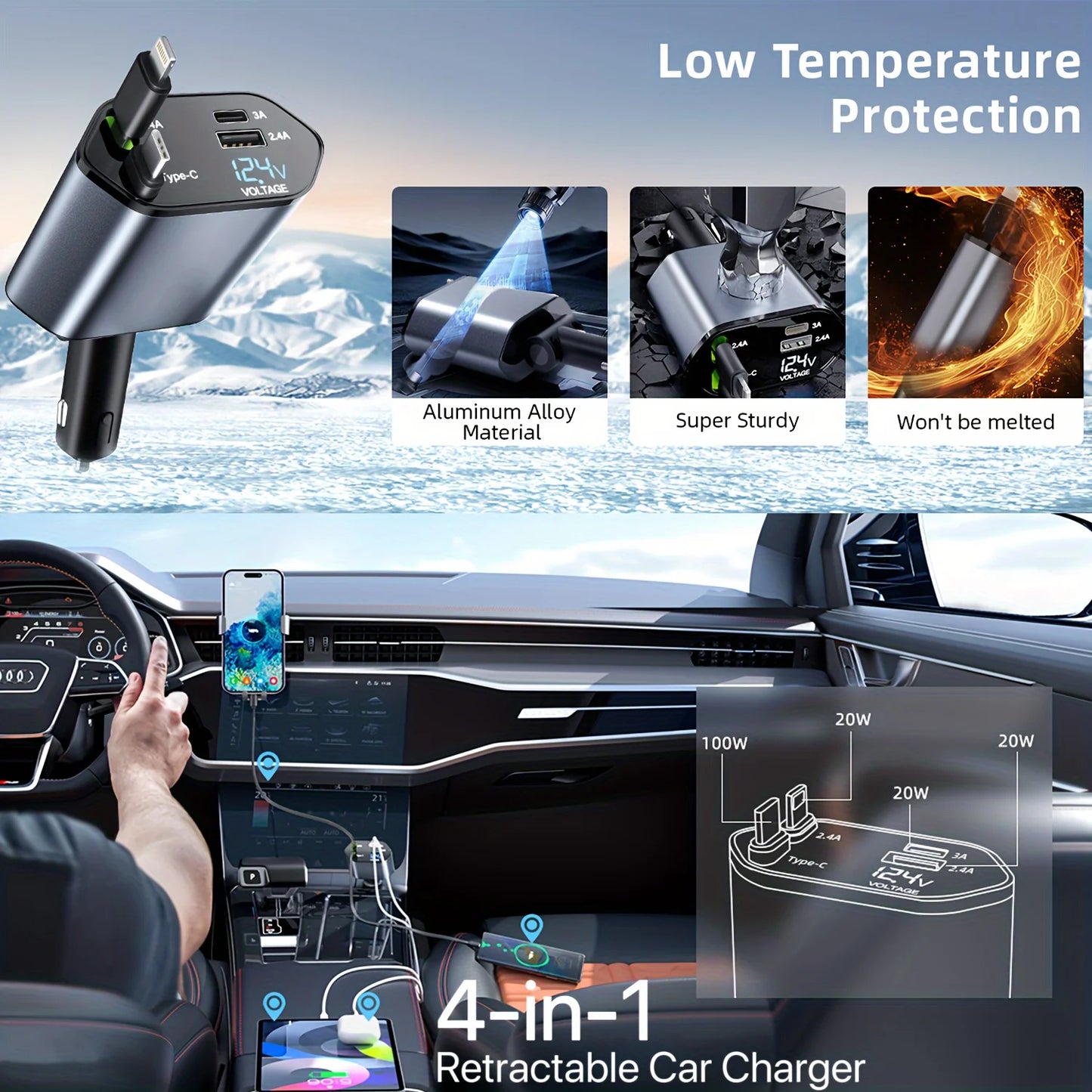 Retractable Car Charger 4 in 1 Fast Car Phone Charger 120W with USB Type C Cable